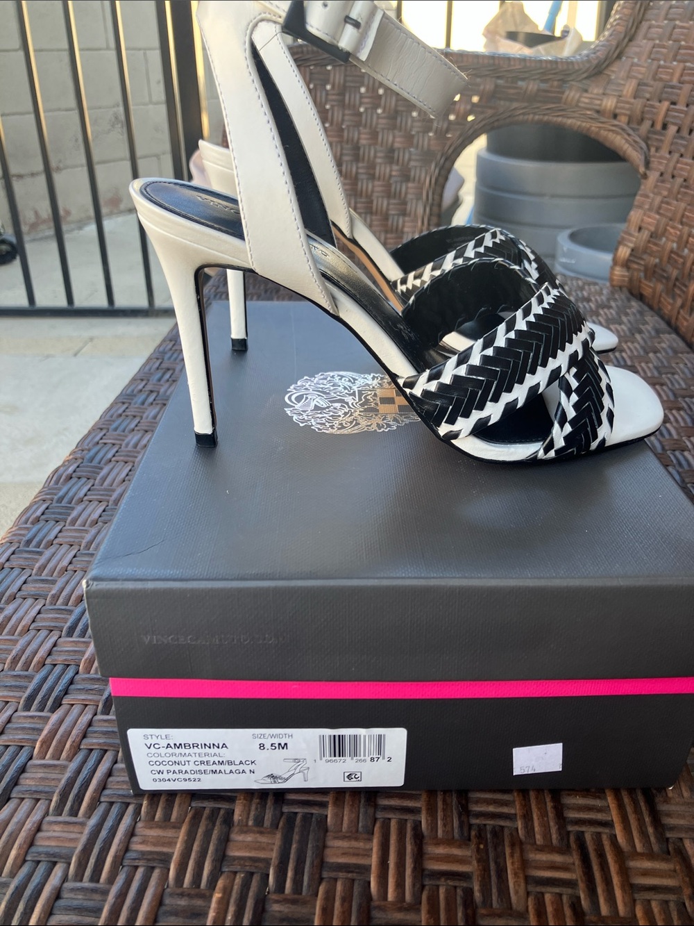 Vince Camuto Cream and Black Woven Stiletto Sandals